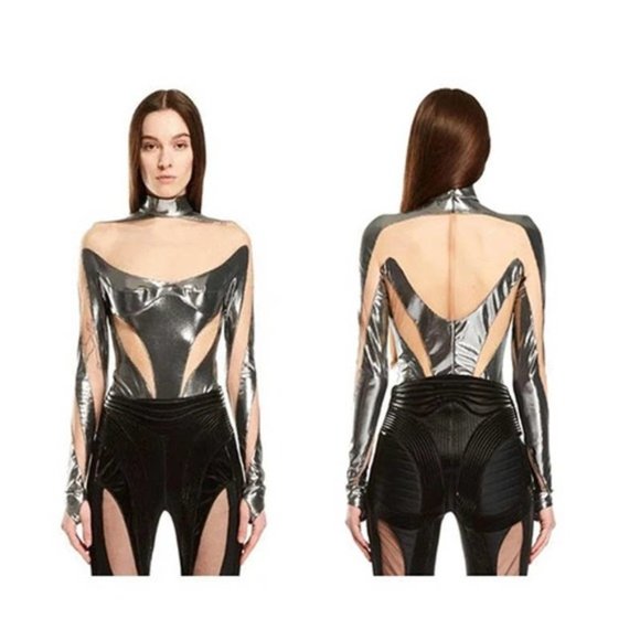 Mugler Women's Rodeo Metallic High Neck Bodysuit Silver Womens Size: 12 NWT - Picture 1 of 8